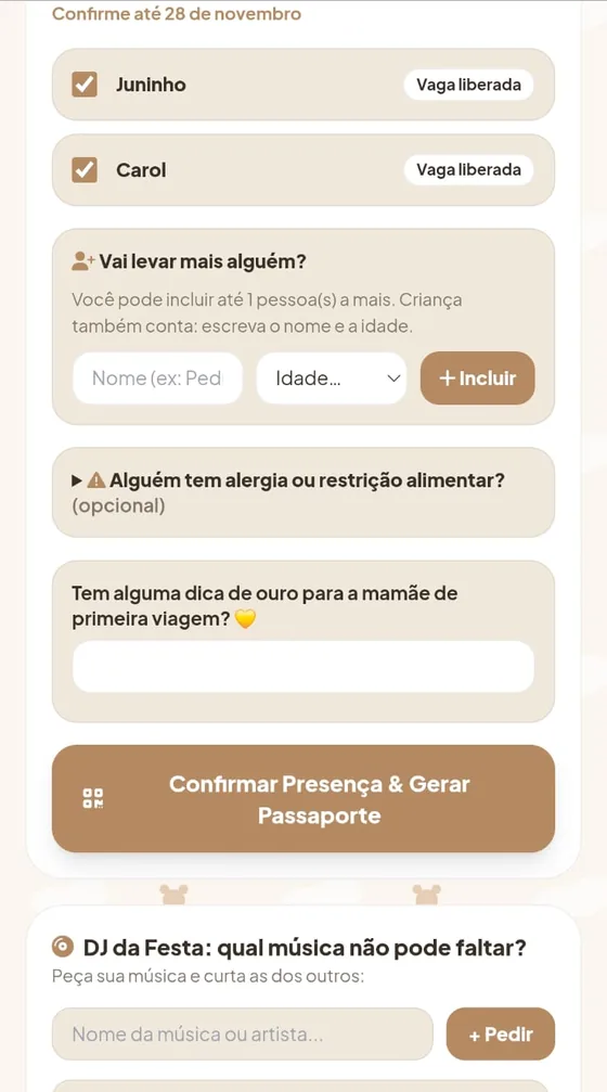 Confirmação de presença com Juninho e Carol marcados, opção de incluir acompanhante, alergias, dica para a mamãe de primeira viagem e pedidos de música
