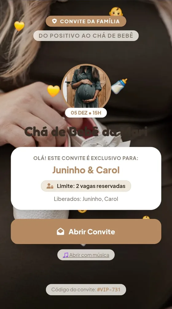 Envelope Convite da Família, do positivo ao chá de bebê, com a foto da mamãe, a data 05 de dezembro, o convite exclusivo para Juninho e Carol com 2 vagas e o botão Abrir Convite