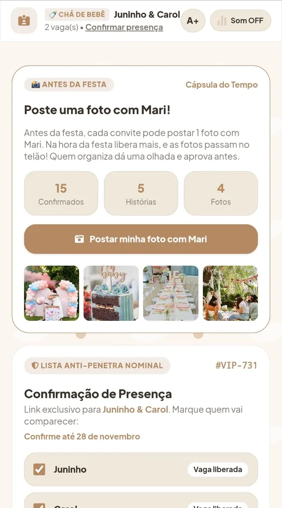 Poste uma foto com a Mari: antes do chá cada convite pode postar uma foto, que passa no telão