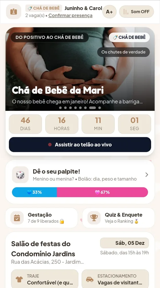 Convite Chá de Bebê da Mari aberto no celular: foto da barriga, contagem regressiva para o chá, palpite menino ou menina com 33% e 67%, e o local do chá
