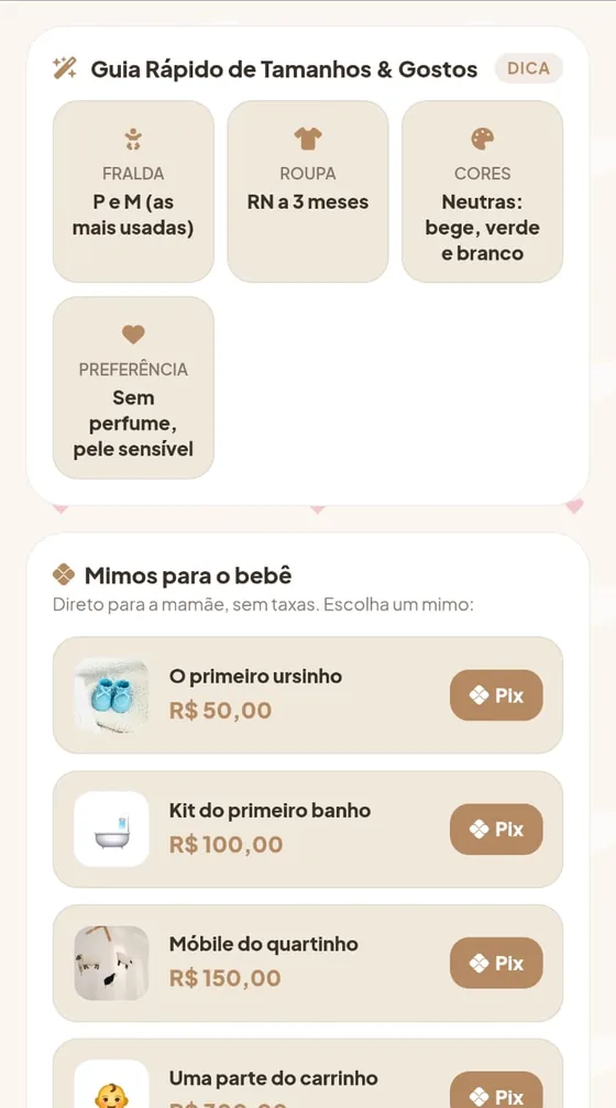 Guia rápido de tamanhos e gostos (fralda P e M, roupa RN a 3 meses, cores neutras, sem perfume) e mimos para o bebê por Pix