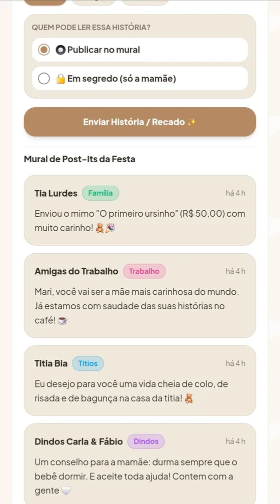 Mural de post-its do chá com recados da Tia Lurdes, das Amigas do Trabalho, da Titia Bia e dos Dindos, cada um com o seu selo