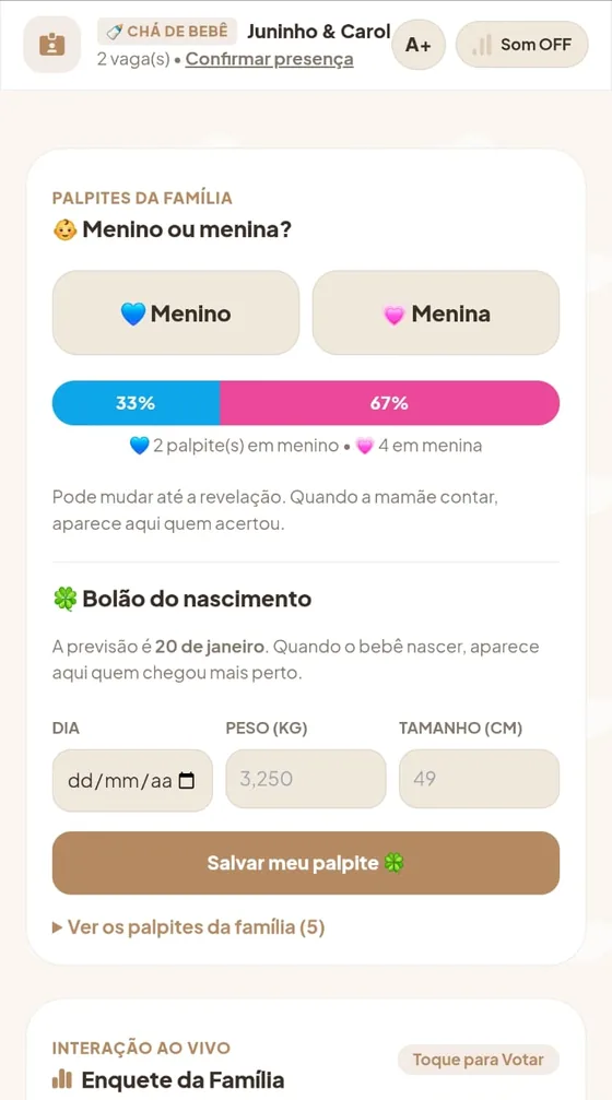 Palpites da família: menino ou menina com 33% e 67%, e o bolão do nascimento com dia, peso e tamanho