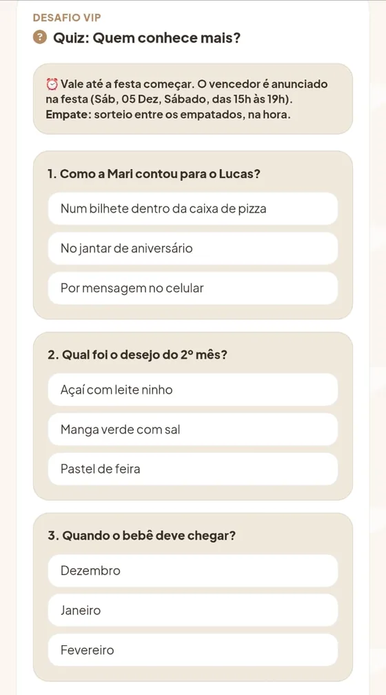 Quiz Quem conhece mais: como a Mari contou para o Lucas, qual foi o desejo do 2º mês e quando o bebê deve chegar
