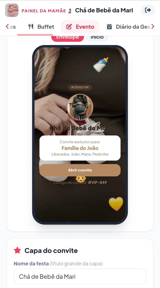 Prévia do envelope no celular e os campos da capa do convite: nome da festa e nome da mamãe