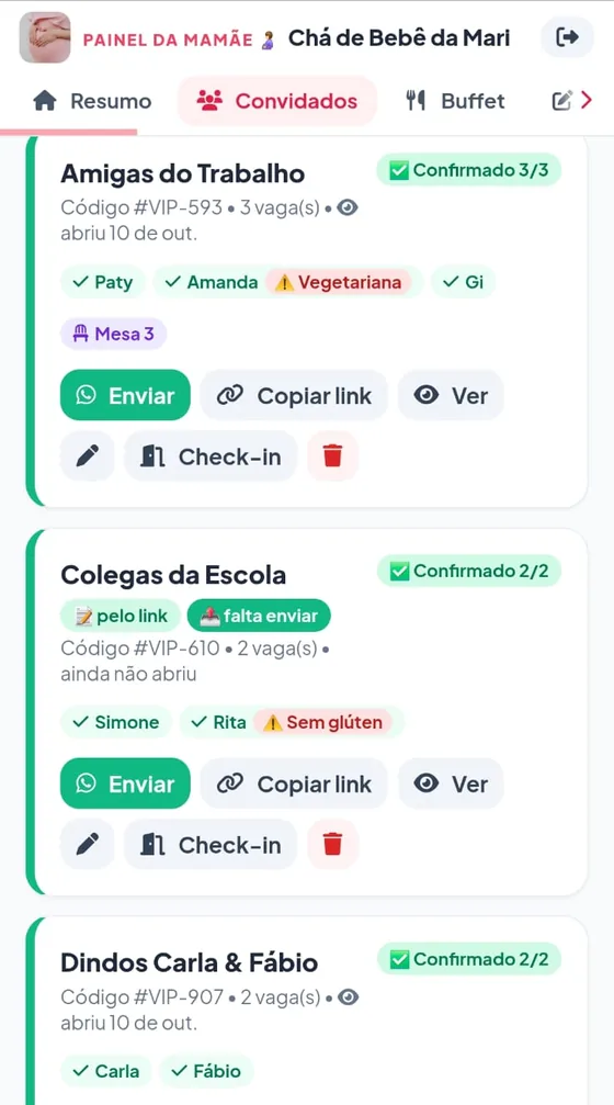 Lista de convidados: Amigas do Trabalho, Colegas da Escola e Dindos com confirmação, alergias, mesa e os botões Enviar, Copiar link, Ver e Check-in