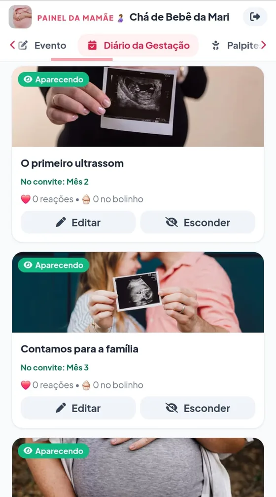 Diário da gestação no painel: O primeiro ultrassom e Contamos para a família, aparecendo no convite, com reações e os botões Editar e Esconder