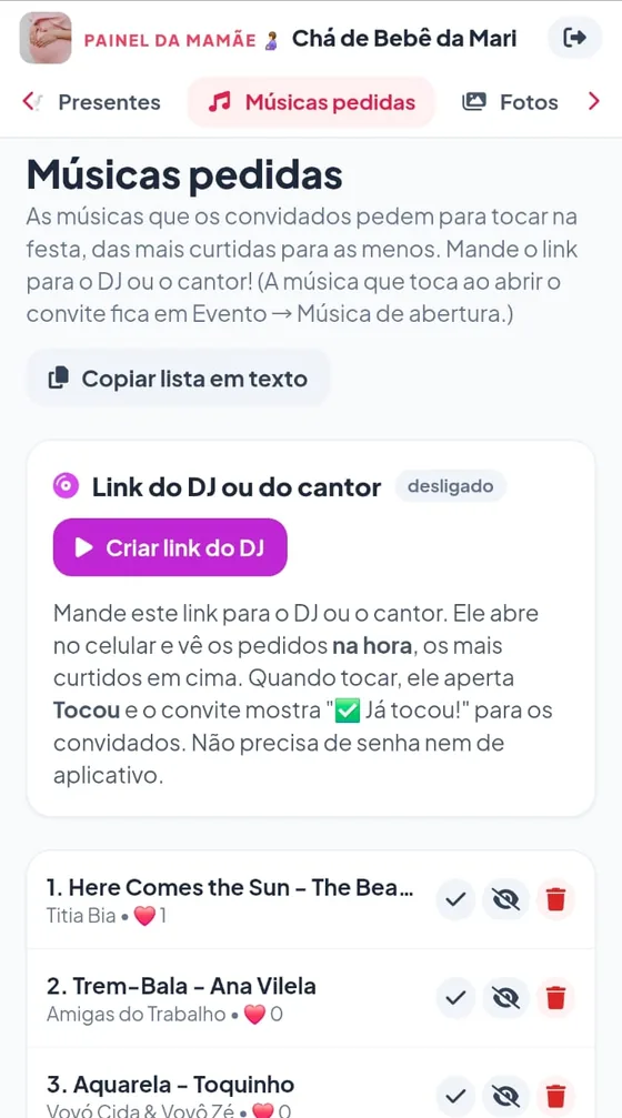 Músicas pedidas, ordenadas por curtidas, e o botão Criar link do DJ ou do cantor