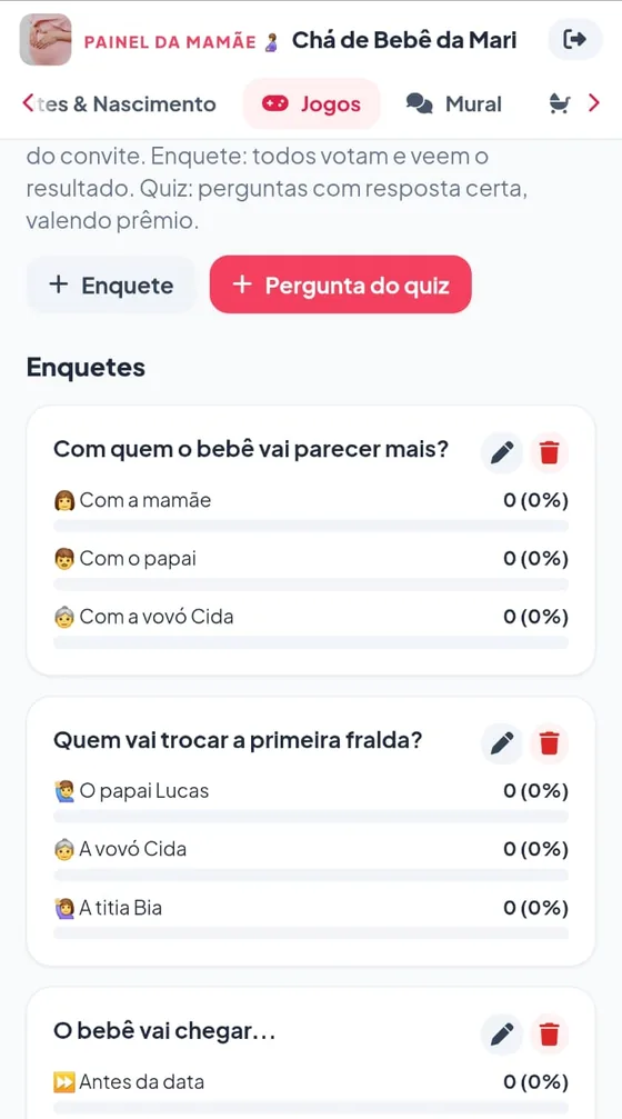 Jogos no painel: enquetes Com quem o bebê vai parecer mais, Quem vai trocar a primeira fralda e O bebê vai chegar