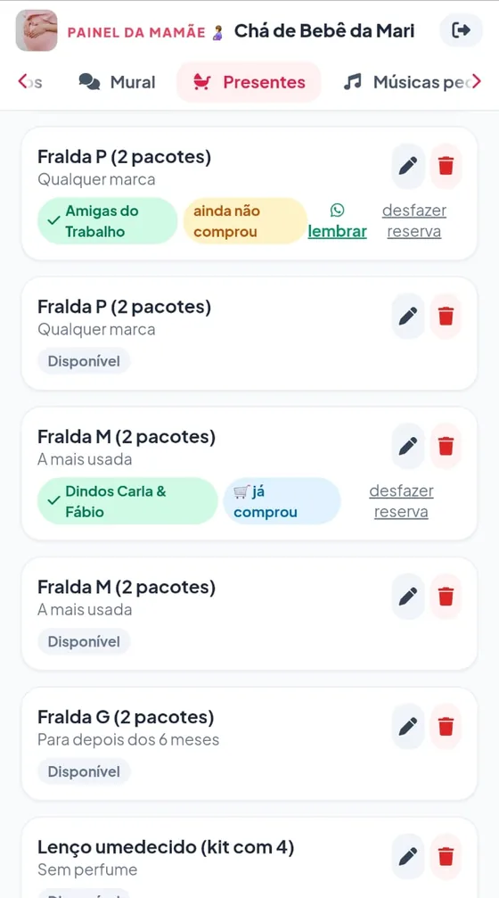 Presentes no Painel da Mamãe: quem reservou cada fralda, se ainda não comprou ou já comprou, e o botão lembrar