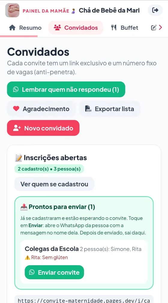 Convidados no painel: lembrar quem não respondeu, agradecimento, exportar lista e inscrições abertas pelo link de cadastro