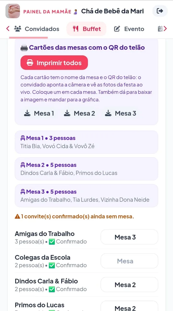 Cartões das mesas com o QR do telão para imprimir, e a mesa de cada família