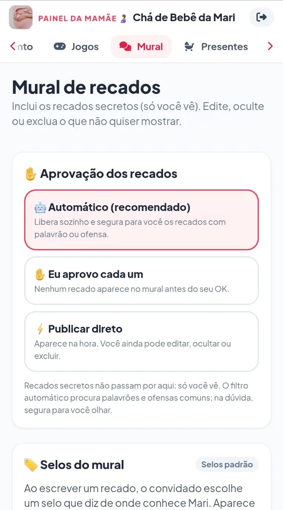 Mural de recados no painel: aprovação dos recados com Automático recomendado, Eu aprovo cada um e Publicar direto
