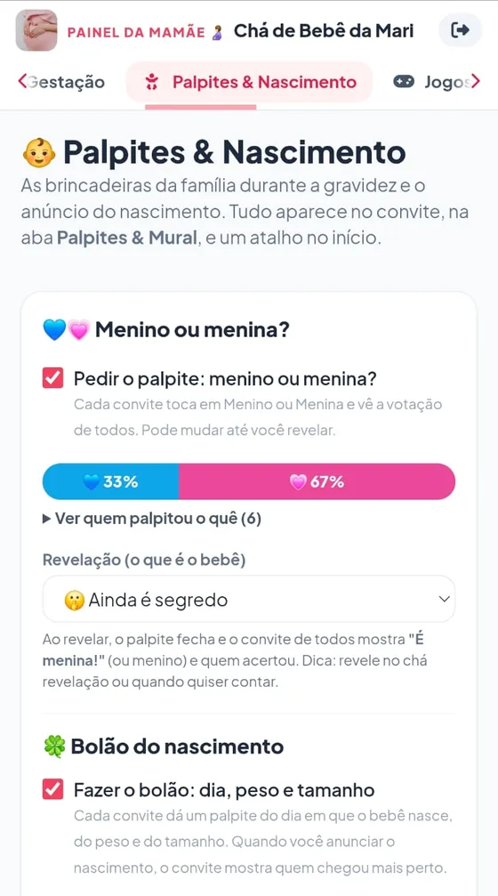 Palpites e Nascimento no Painel da Mamãe: pedir o palpite, votação 33% e 67%, revelação ainda em segredo e o bolão ligado