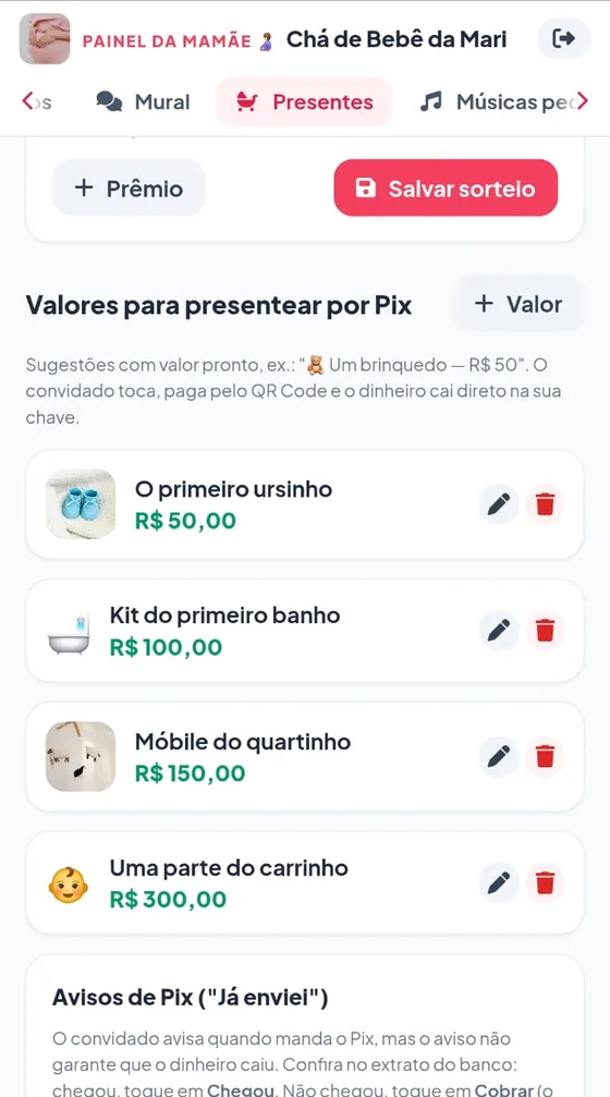 Valores para presentear por Pix: o primeiro ursinho, kit do primeiro banho, móbile do quartinho e uma parte do carrinho