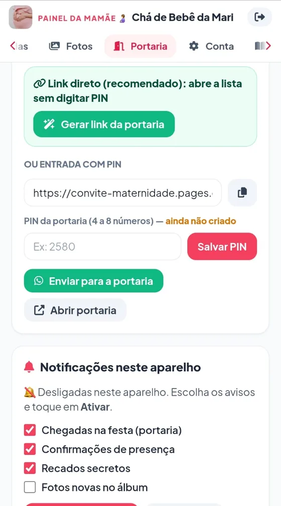 Portaria: link direto para o porteiro, entrada com PIN e notificações de chegada, confirmações e recados secretos