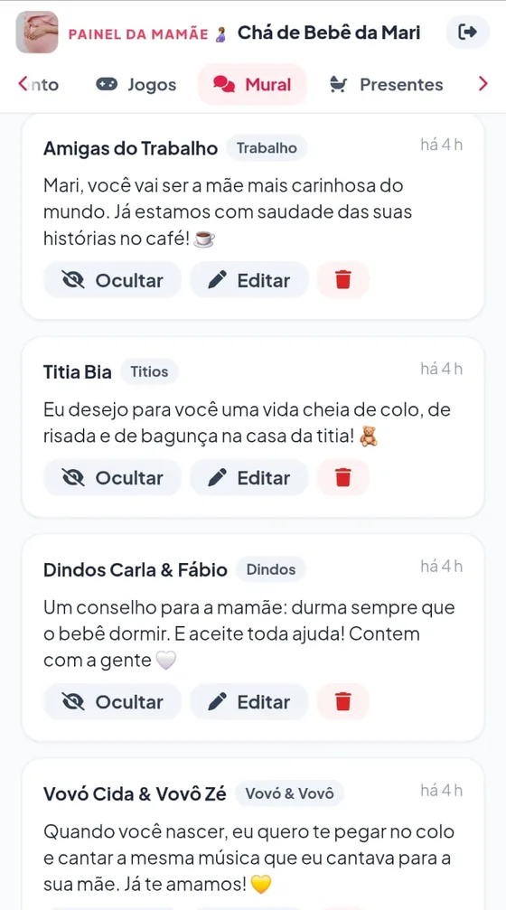 Recados no painel com os selos Trabalho, Titios, Dindos e Vovó e Vovô, e os botões Ocultar, Editar e Excluir