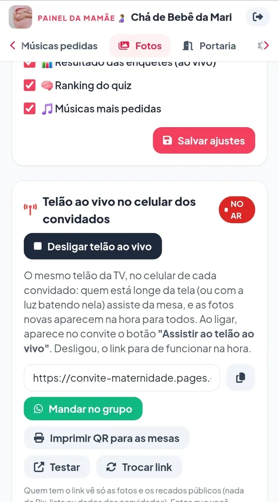 Telão ao vivo no celular dos convidados, com o link para mandar no grupo e QR Code para imprimir nas mesas