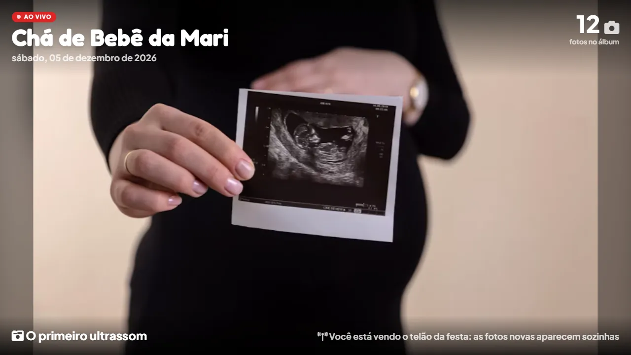 Telão com a foto do primeiro ultrassom, do diário da gestação